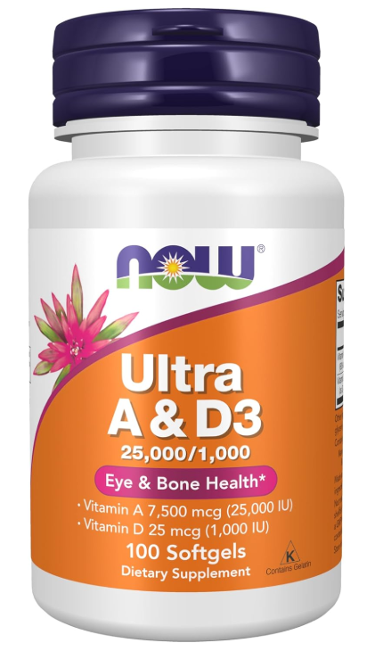 A & D3 25000 IU / 1000 IU. 100 softgels. NOW Foods