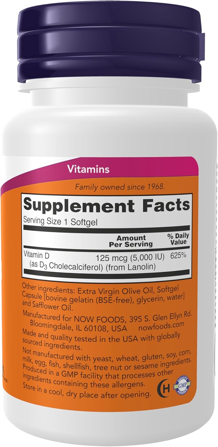 Vitamin D3 5000 IU. 120 softgel kapsula. NOW Foods - Image 2