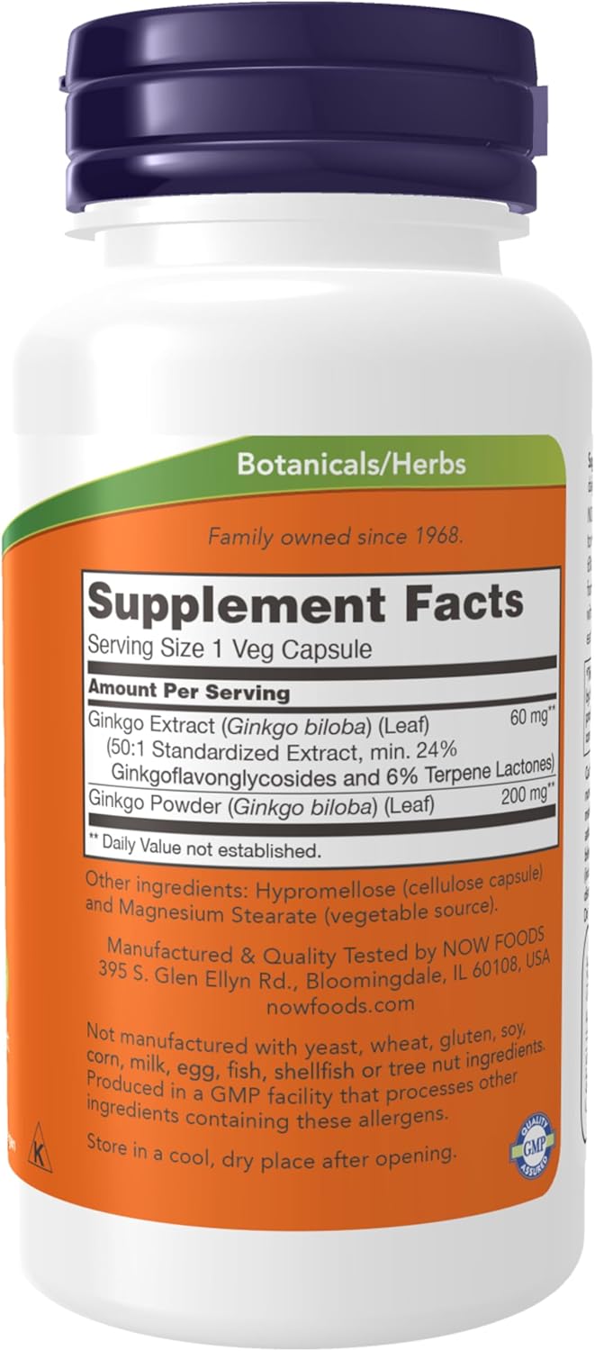 Ginkgo Biloba 60 mg. 60 kapsula. NOW Foods - Image 2