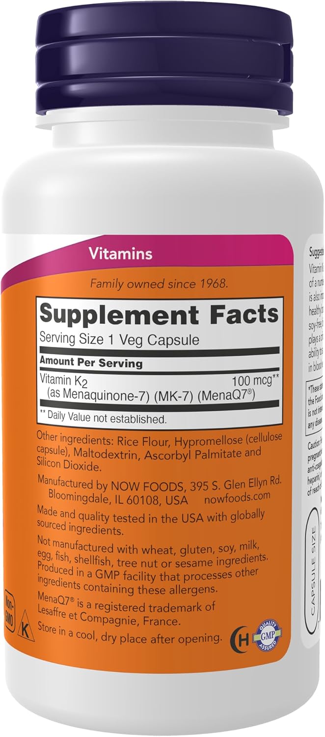 MK-7 Vitamin K2 100 mcg 120 capsules NOW Foods - Image 2