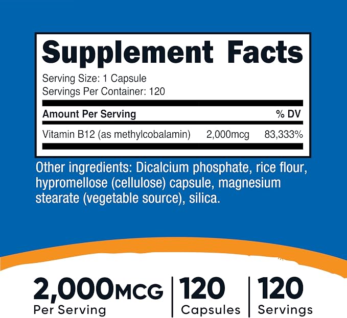 Vitamin B-12 Methylcobalamin 2000 mcg 120 caps Nutricost - Image 2