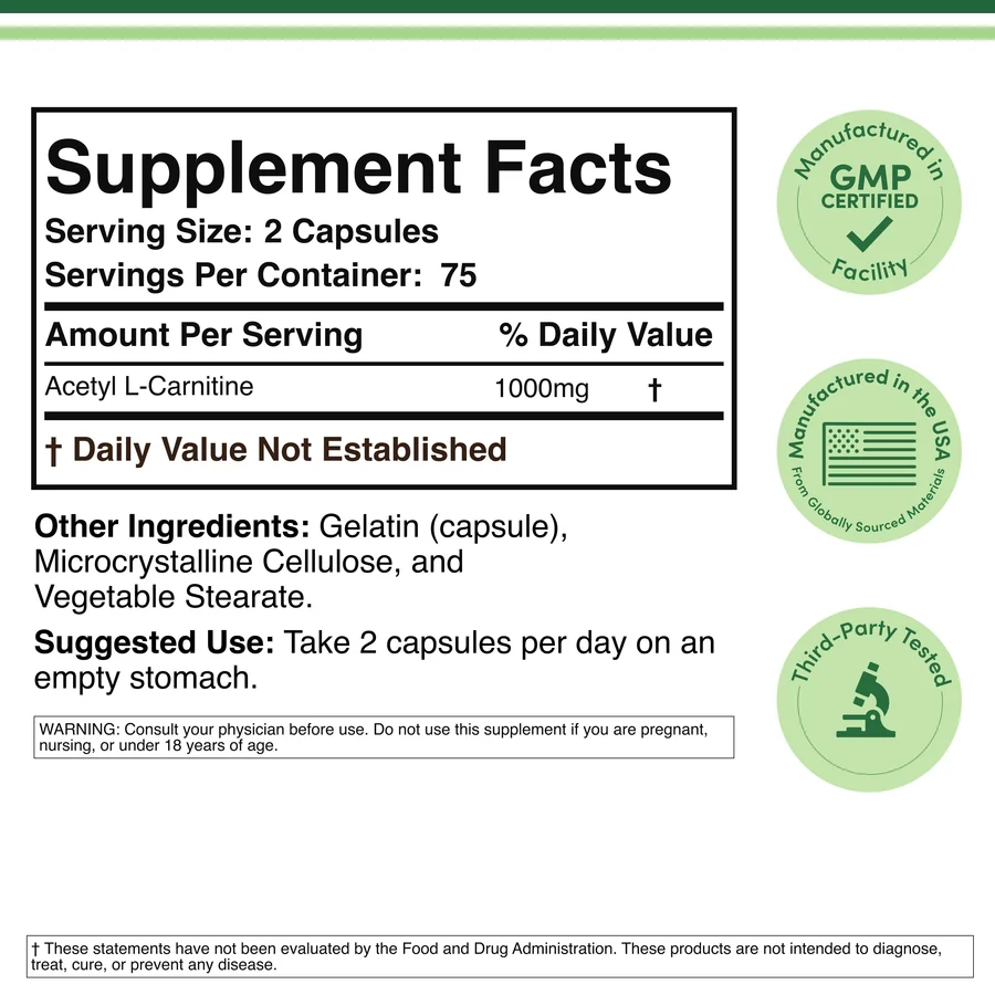 Acetyl L-Carnitine 150caps Double Wood Supplements - Image 2